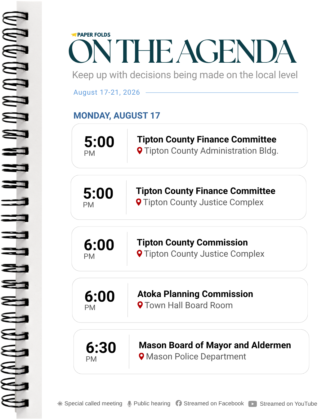 On the Agenda: Local government meetings, Aug. 17-21, 2026